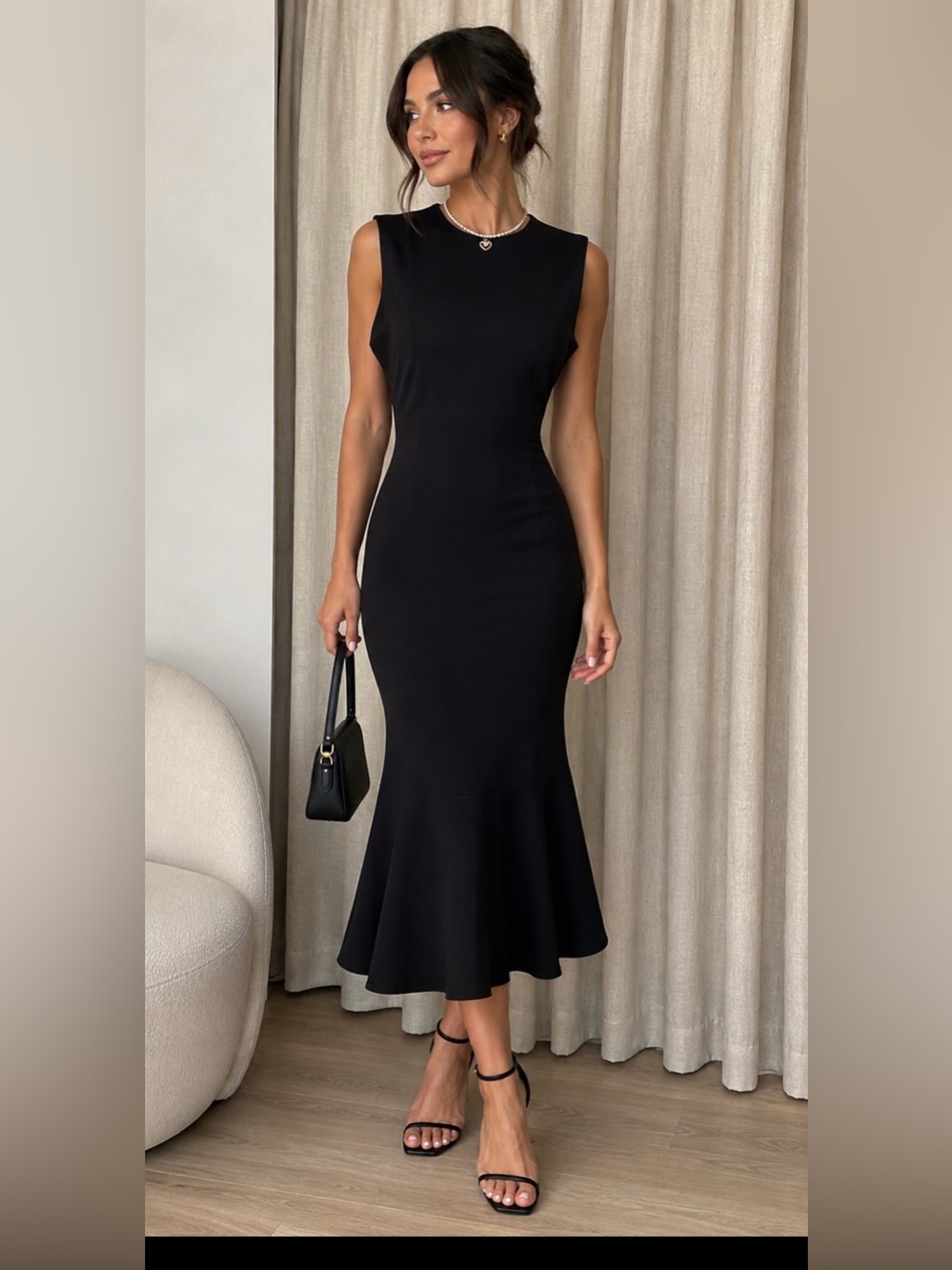 Calvin Klein Black Sleeveless Fitted Midi Dress with Flared Hem
